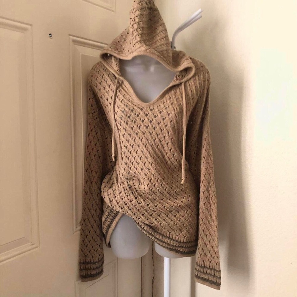 Woolrich beige tan green striped knit crotchet hooded pullover jumper sweater
